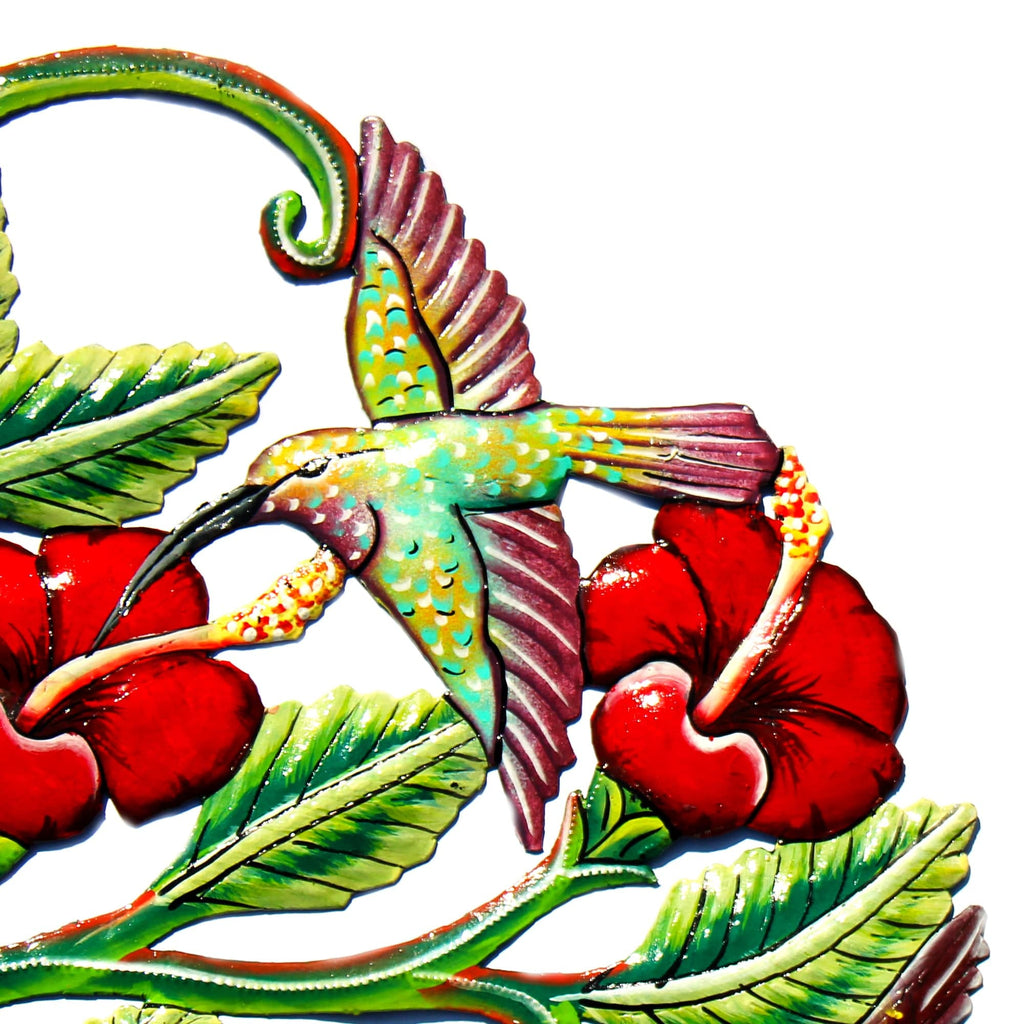 Hummingbirds and Flowers Haitian Metal Drum Wall Art