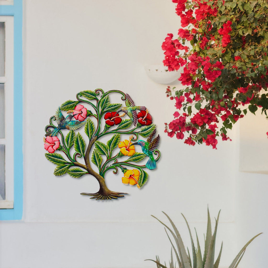 Hummingbirds and Flowers Haitian Metal Drum Wall Art